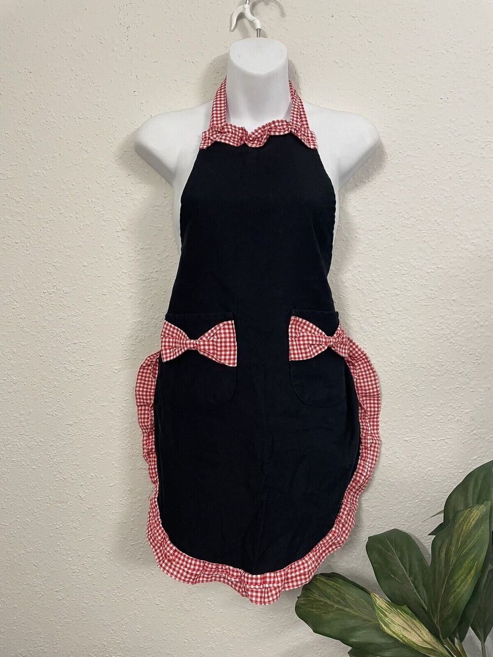 Princess Bib Apron Smock Plaid Frill Bow Pockets Maid Waitress Work